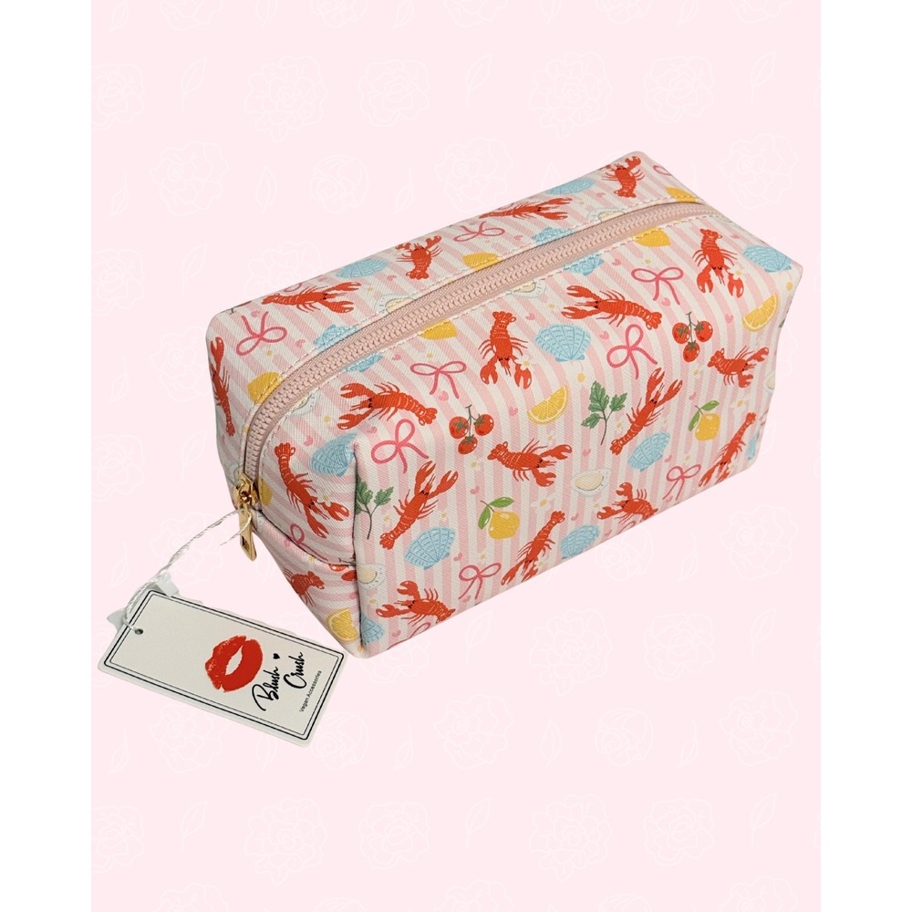 Blush Crush Lobster Makeup Toiletry Bag Cosmetic Case Pink White Stripes NWT